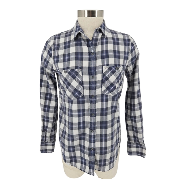 True Religion Utility Shirt Blue Plaid Long Sleeve Button Up Collared Top XS - Picture 1 of 8